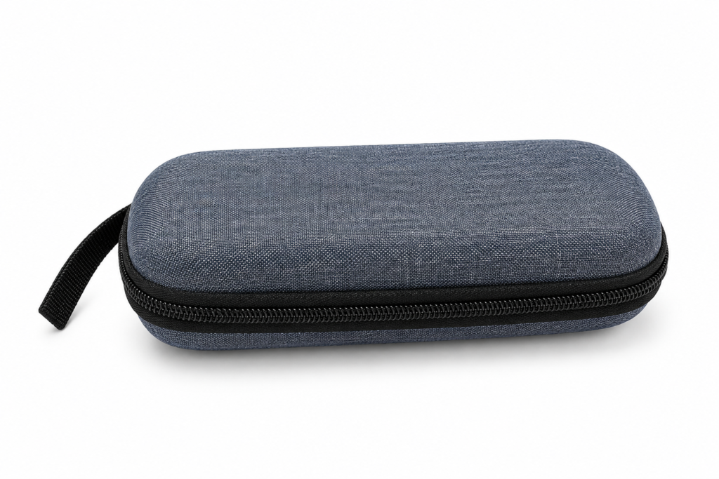 grijsblauwe stoffen etui met rits